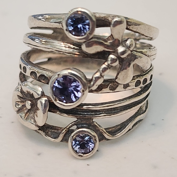 Sterling Jewelry - PAZ Israel sterling silver Dragonfly flower multi band Layer purple stones 7.5